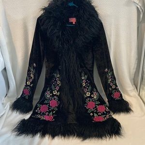 Sugar Thrillz black faux fur lined coat with embroidered flower details